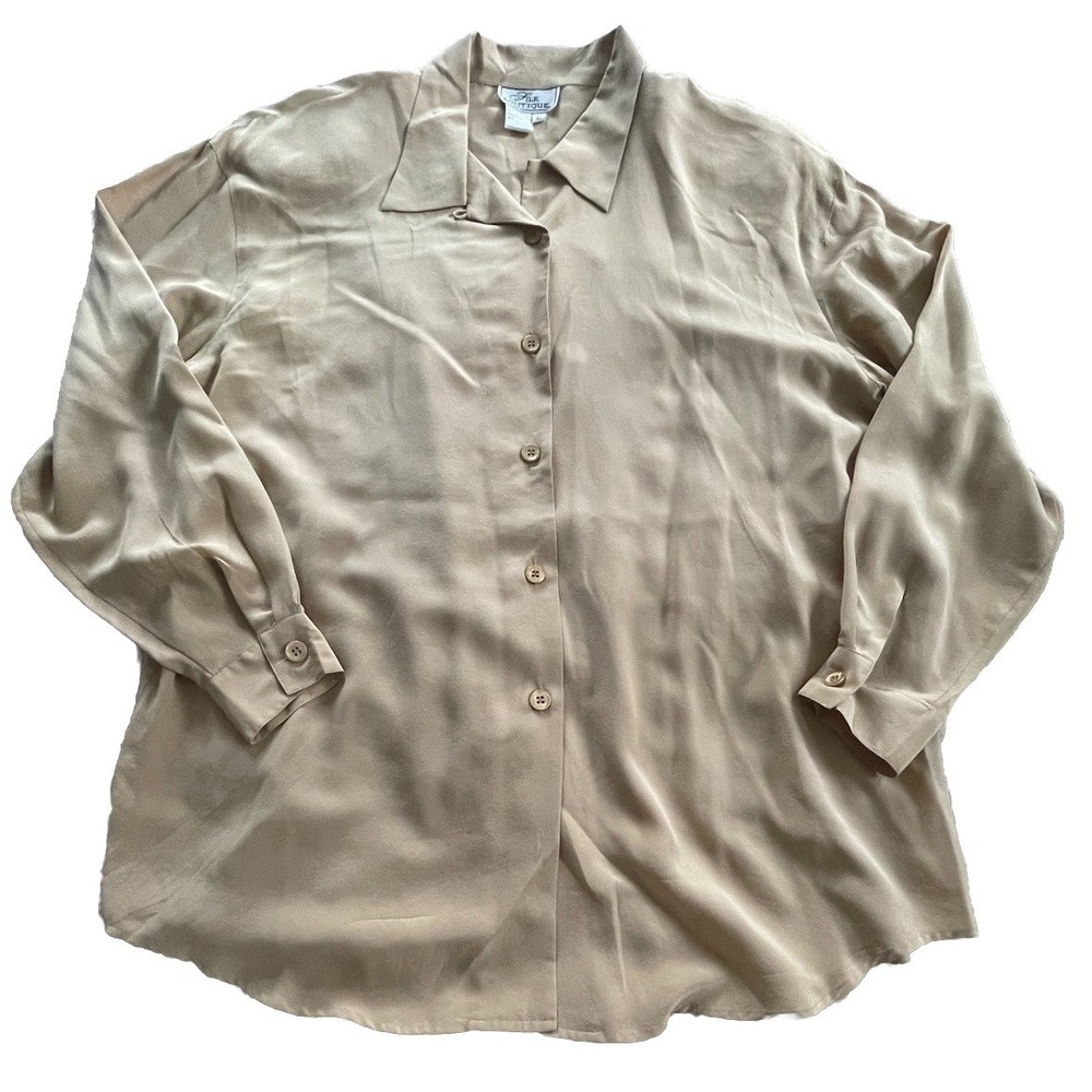 Silk Boutique Blouse Women's Size Large Tan Long Sleeve Vintage Button Down Top